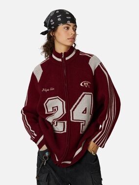 Aelfric Eden Maroon Zip-Up Sweater Jacket with Cream 24